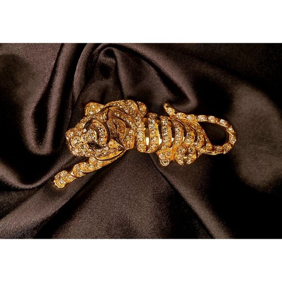 Vintage Signed TRIFARI Tiger Large Brooch Pin Gold Plated with Crystals - Picture 5 of 6